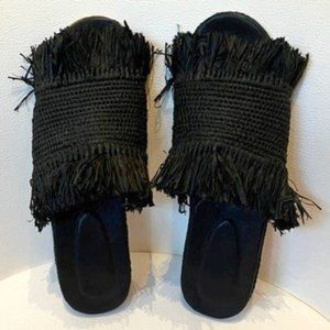 Black Raffia Fringe Slide Sandals Size 8